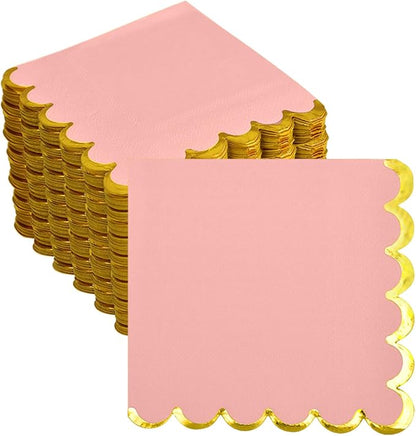 200 Pack Pink Paper Napkins Gold Foil Scalloped Cocktail Napkins Pink Disposable Beverage Napkins for Pink Themed Party Supplies Birthday Baby Shower Wedding Dinnerware Tableware Decorations