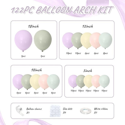 Pink Purple Green Balloon Arch Kit, 122Pcs Dusty Pink Light Green Macaron Yellow Pastel Balloons for Kids Girl Flower Party Decorations Spring Baby Shower Wedding Engagement Fairy Birthday Supplies