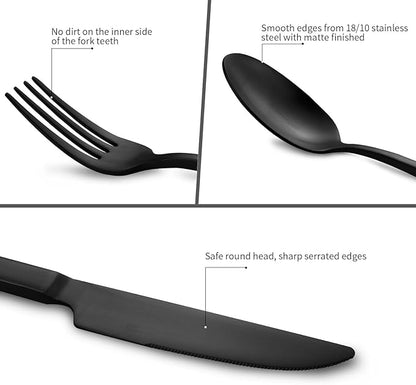 Stainless Steel Flatware Set Hand Forged 18/10 Silverware Set Matte Black Cutlery Set with Cuboid Handle Matte Finished 60 Pieces Home Event Use Wedding Housewarming Gift Service for 12