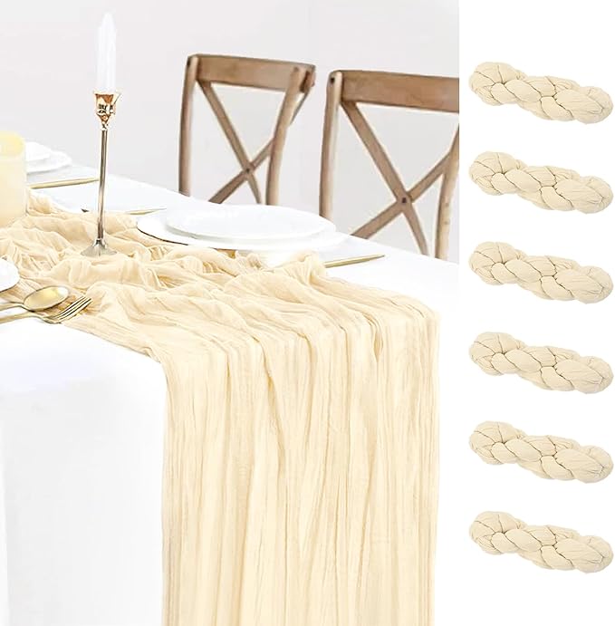6 Pieces Cream Beige Cheesecloth Table Runner 35x120 inch, Sheer Gauze Table Runner for Bridal Shower Decorations, Wedding Thanksgiving Christmas Birthday Boho Table Decor