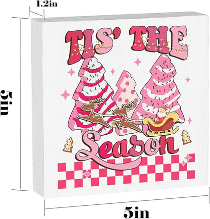 Pink Christmas Decorations for Home Tis the Season Sign Christmas Decor for Office Room Merry Xmas Decorations Table 5 x 5 Inches
