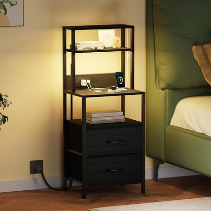 Furnulem Night Stand, Tall Nightstand with 4-Tier Shelves, 2 Fabric Drawers and Light Tube, Bed Side Tables with Charging Station, Bedside Table for Bedroom, Office, Black Oak | 4-Tier Shelves, 2 Fabric Drawers, Light Tube, Bed Side Tables, Charging St...