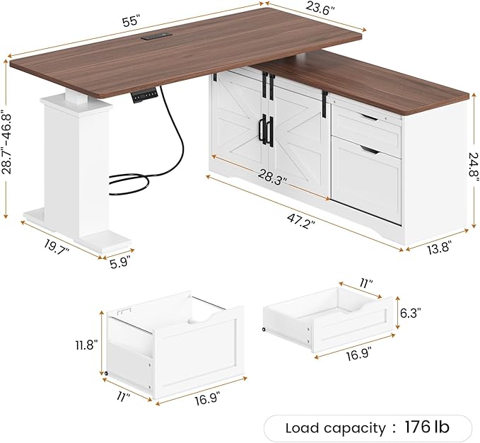 SEDETA Farmhouse L Shaped Standing Desk, 55 inch Height Adjustable Corner Desk with Storage Drawers, Standing Computer Desks with Power Outlets for Home Office, White
