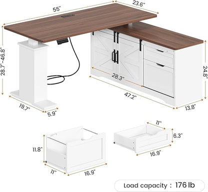 SEDETA Farmhouse L Shaped Standing Desk, 55 inch Height Adjustable Corner Desk with Storage Drawers, Standing Computer Desks with Power Outlets for Home Office, White