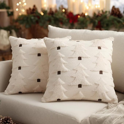 GEEORY Christmas Pillow Covers 16x16 Inch Set of 2, Christmas Decorations Xmas Tree Soft Plush Fluffy Faux Fur Decorative Throw Pillows Farmhouse Winter Cushion Case Beige Brown GC034-16