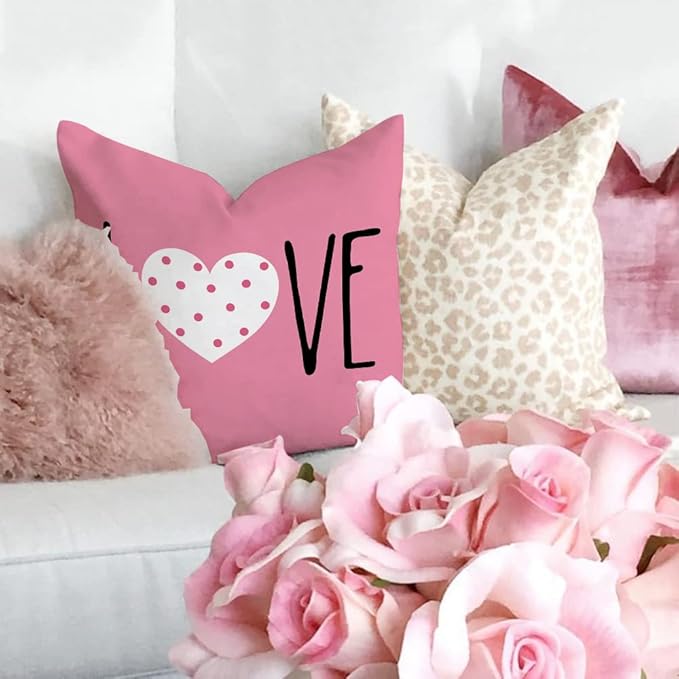 GEEORY Valentines Day Pillow Covers 20 x 20 inch Set of 4 for Valentines Decor Pink White Stripes Dots Love Heart Throw Pillows Decorative Cushion Cases Valentine Decorations G193-20