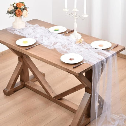 White Pearl Fall Thanksgiving Table Runner Boho Rustic Tulle Lace Table Runner for Baby Shower Wedding Arch Decor Veil Dessert Table Decor 6pcs