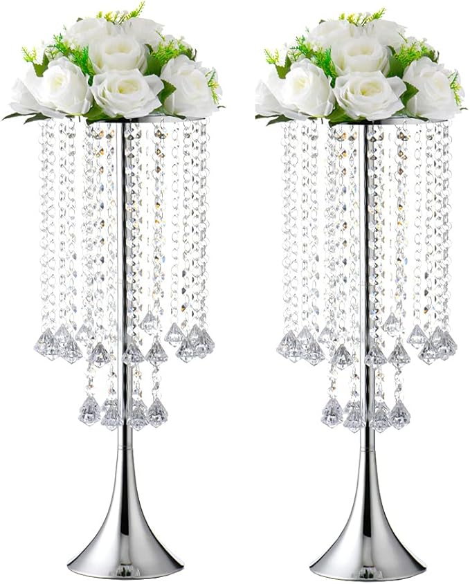 Luxurious Crystal(22.83"/58cm H) 2pcs Flower Stand Wedding Centerpieces on Floor, Tall Metal Flower Arrangement Stand, Tabletop Flower Vase for Wedding Party Dinner Event Hotel/Home Decor