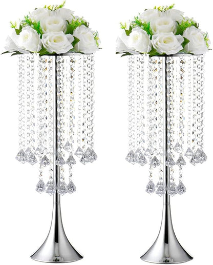 Luxurious Crystal(22.83"/58cm H) 2pcs Flower Stand Wedding Centerpieces on Floor, Tall Metal Flower Arrangement Stand, Tabletop Flower Vase for Wedding Party Dinner Event Hotel/Home Decor