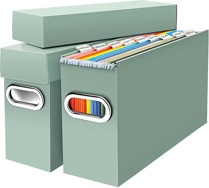 File Organizer Box with Lid & Handle, Thickened Cardboard Hanging File Folder Storage Boxes for Letter Size, Portable Filing Organizer for Office, Home, Classroom, Sage 2 Pack
