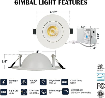 4 Inch Gimbal Led Recessed Light, 2700K/3000K/3500K/4000K/5000K Dimmable Retrofit Eyeball Can Light with Jbox 12W, Waterproof Recessed Lighting for shower, Recessed Ceiling LED Lights.(4 Pack) ﻿
