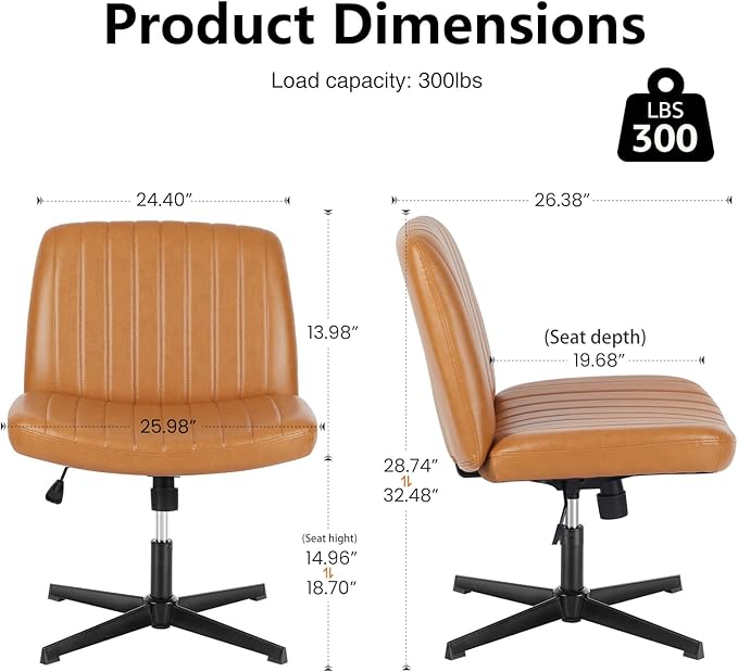 OLIXIS Criss Cross Legged Chairs Armless No Wheels Wide Seat Height Adjustable Swivel Padded PU Leather Home Office Desk Seating for Bedroom, Student, Study Room