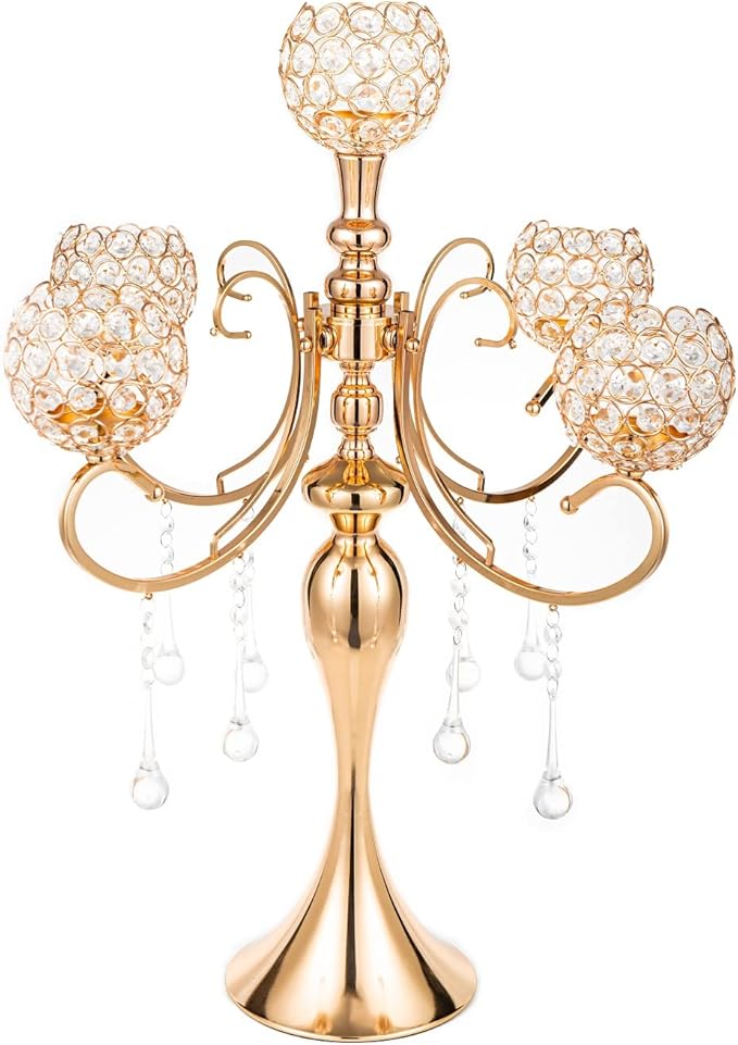 Gold Centerpiece for Table, 25.6in Candle Holder for Table Centerpieces, 5Arms Tall Crystal Candelabra Candle Holder, Candelabra Centerpieces for Table Wedding Christmas Party Event