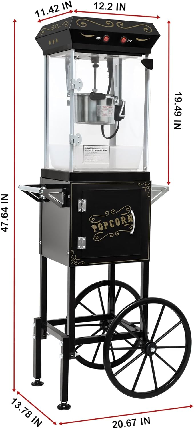Movie Theater Popcorn Maker Machine, Professional with 8oz Kettle & Cart Makes 32 Cups, Vintage Style on Wheels for Home & Commercial Use, Includes shovel & spoon, Black