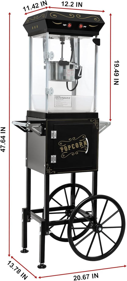 Movie Theater Popcorn Maker Machine, Professional with 8oz Kettle & Cart Makes 32 Cups, Vintage Style on Wheels for Home & Commercial Use, Includes shovel & spoon, Black