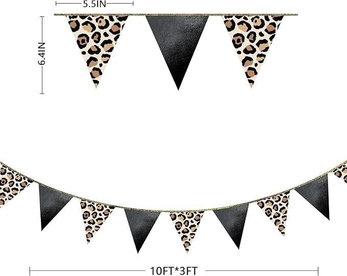 Leopard Black Pennant Banner Flag Hanging Paper Triangle Bunting for Cheetah Leopard Print Animal Theme Leopard Birthday Baby Shower Bachelorette Bridal Shower Wedding Party Decorations Supplies