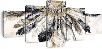 ElephantStock - Necklace Of Feathers Iii Wall Art - Horizontal Multi Panel Canvas - 5 Piece Living Room Wall Decor - Painting Multi Piece Wall Art - Brown And Gray Decor by Eva Watts - 36" x 15"