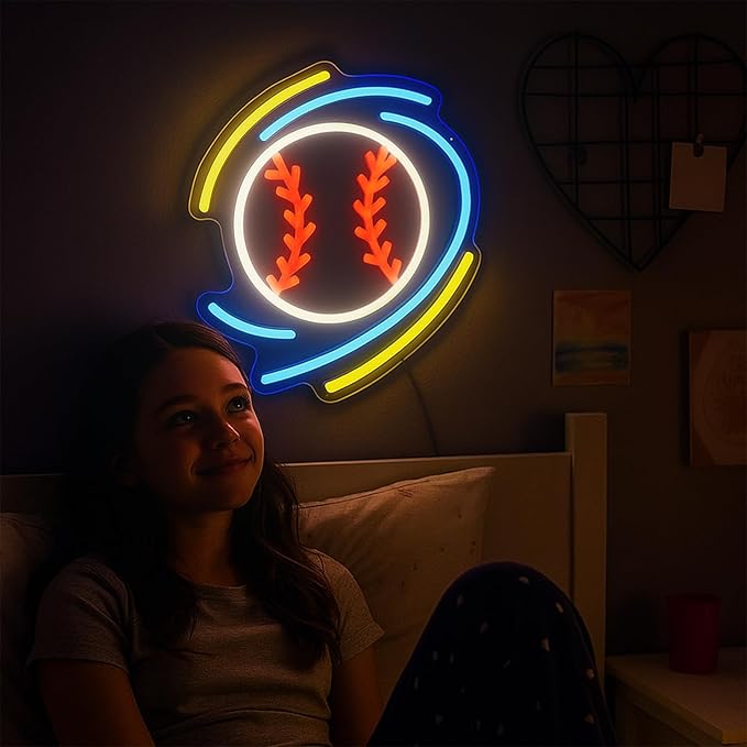 Baseball Neon Sign - 12.6” x 11.8” Dimmable LED Wall Light for Bedroom, Game Room, Bar, Man Cave - USB Powered Baseball Decor Gift for Boyfriend, Dad, Husband