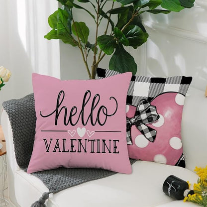 GEEORY Buffalo Plaid Valentines Day Pillow Covers 18x18 Set of 4 Valentine Day Decor Polka Dot Pink Heart with Bow Love Truck Decorative Throw Pillows for Sofa Couch Cushion Decorations G447-18