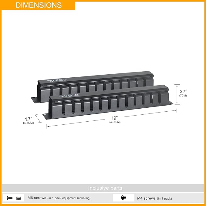 RIVECO 2PCS 1U 12 Slot Rack Manager, Server Rack Cable Management, Cord Wire Organizer with Cover for Network Rack Cabinet Horizontal Mount, 19-inches Cable Raceway