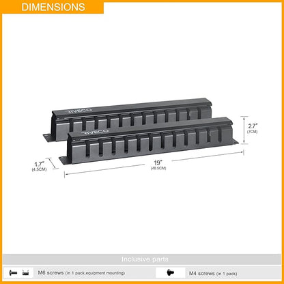 RIVECO 2PCS 1U 12 Slot Rack Manager, Server Rack Cable Management, Cord Wire Organizer with Cover for Network Rack Cabinet Horizontal Mount, 19-inches Cable Raceway