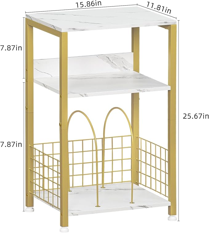 LELELINKY Side Table,White Marble Night Stand with Golden Metal Frame,3 Tier Industrial Wooden Record Player Stand with Vinyl Storage Shelf ,End Tables for Living Room Bedroom Small Spaces