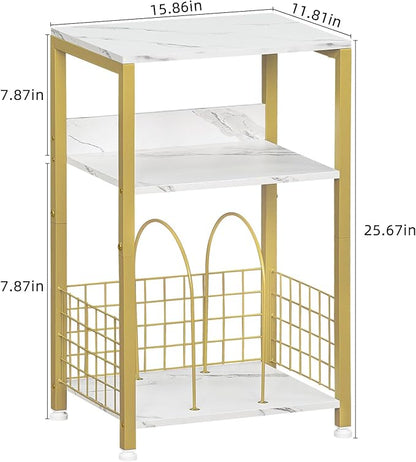 LELELINKY Side Table,White Marble Night Stand with Golden Metal Frame,3 Tier Industrial Wooden Record Player Stand with Vinyl Storage Shelf ,End Tables for Living Room Bedroom Small Spaces