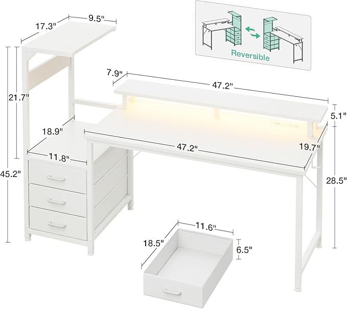 AODK 59 Inch Gaming Desk with USB Charging Ports & LED Light- Reversible Computer Desk with Storage Shelves & Monitor Stand, Modern Gamer Desk Table with Fabric Drawers & Side Hook, Carbon Fiber White