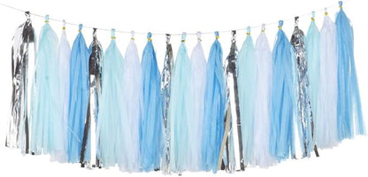 We Moment Tissue Paper Tassels Party Tassel Garland Banner for Wedding Birthday Baby Shower Party Decorations Supplies, DIY Kits,Light Blue,Sky Blue,White,Silver,Pack of 20