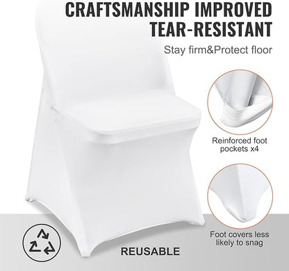 VEVOR Stretch Spandex Folding Chair Covers, Universal Fitted Chair Cover, Removable Washable Protective Slipcovers, for Wedding, Holiday, Banquet, Party, Celebration, Dining (50PCS White)