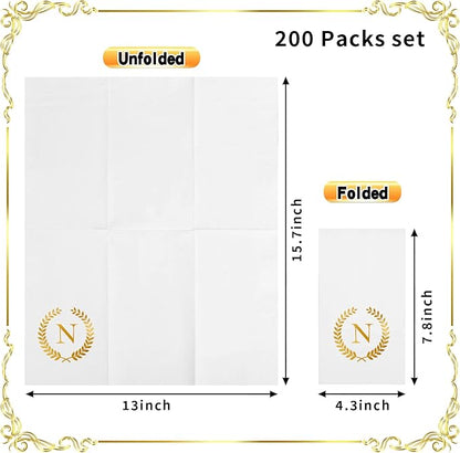 200 Pack Monogrammed Disposable Napkins Gold Foil Letter N Guest Napkins Initial Disposable Hand Paper Towels for Wedding Engagement Baby Shower Party Home Kitchen Bathroom Dinner Decorative Towels