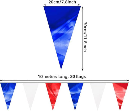 130FT White Blue Red Glitter Triangle Pennant Banner Flag Metallic Bunting Fabric Garland for Christmas Graduation, Independence Day, 4th of july, Patriotic Themed Party Decoration