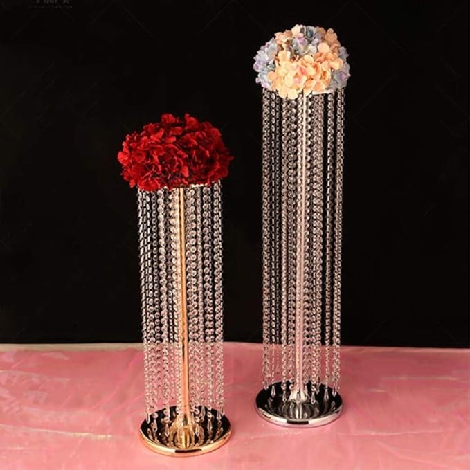 2Pcs 27.5inch Tall Crystal Gold Vases Wedding Flowers Stand, Elegant Wedding Decor Centerpiece Road Leads with Chandelier Acrylic Crystal Weddings Decoration Centerpiece Stands