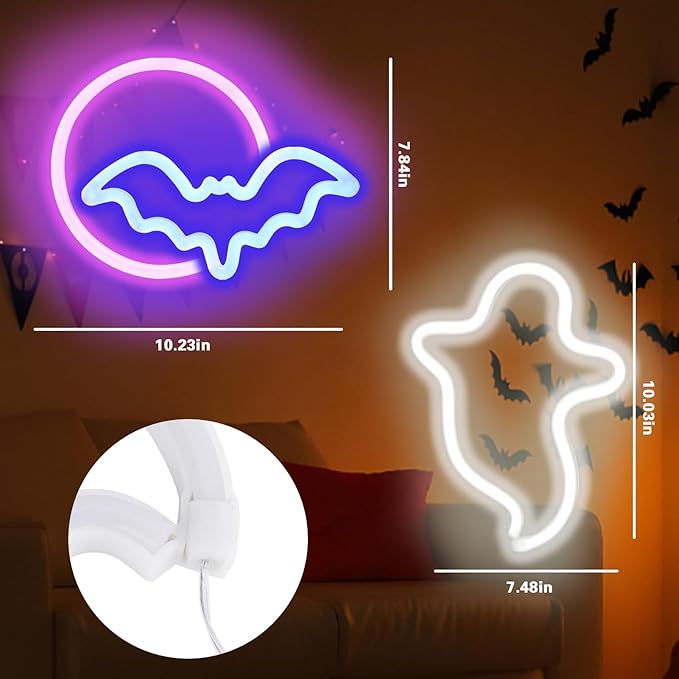 BRIGHTDECK 2 Pack Halloween Neon Signs, White Ghost, Blue Bat Full Moon Neon Lights Decorations, USB/Battery Powered Led Neon Sign for Halloween Wall Decor, Bedroom, Kids Gift, Bar, Party(Full Moon)