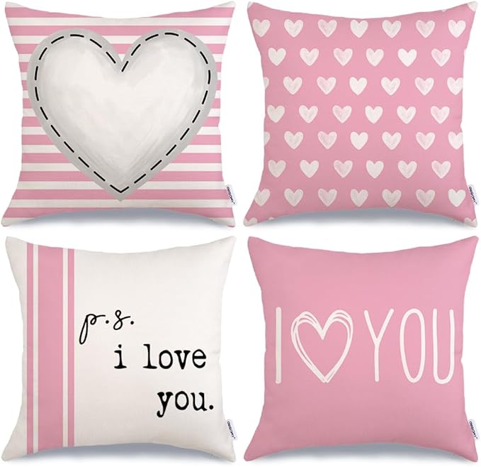 GEEORY Valentines Day Pillow Covers 18 x 18 inch Set of 4 for Valentine Decor Pink Stripes Love Heart I Love You Decorative Throw Pillows Cushion Cases for Sofa Couch Decorations G448-18