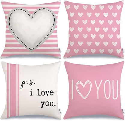 GEEORY Valentines Day Pillow Covers 18 x 18 inch Set of 4 for Valentine Decor Pink Stripes Love Heart I Love You Decorative Throw Pillows Cushion Cases for Sofa Couch Decorations G448-18
