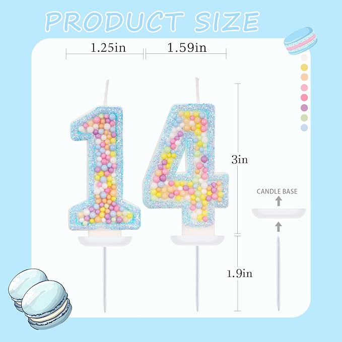 Blue Birthday Candles - Number 14 Candle, Colorful Macaron Candles, 14 Birthday Decorations for Girls Boys, Cake Decorations, Theme Party Supplies (Blue)