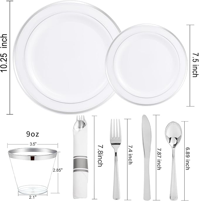 WELLIFE 700 Pcs Silver Plastic Plates for 100 Guests - Christmas Party Supplies Includes 200 Plastic Plates,300 Silver Silverware,100 Napkins,100 Cups for Party,Disposable Dinnerware Set