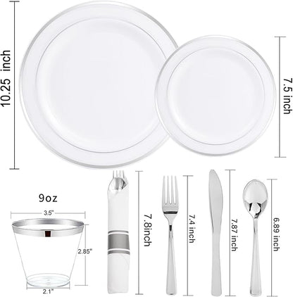 WELLIFE 700 Pcs Silver Plastic Plates for 100 Guests - Christmas Party Supplies Includes 200 Plastic Plates,300 Silver Silverware,100 Napkins,100 Cups for Party,Disposable Dinnerware Set