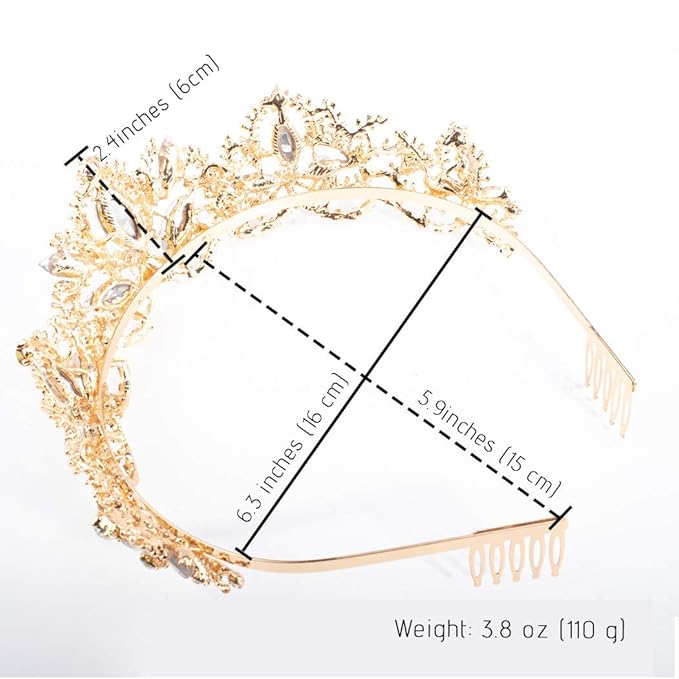 Gold Tiara and Crown for Women Crystal Headband with Comb Rhinestones Princess Hairpiece for Girls Wedding Hair Accessories for Party Bride Bridesmaids Bridal Prom Halloween Costume Cosplay