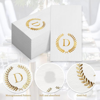 200 Pack Monogrammed Disposable Napkins Gold Foil Letter D Guest Napkins Initial Disposable Hand Paper Towels for Wedding Engagement Baby Shower Party Home Kitchen Bathroom Dinner Decorative Towels