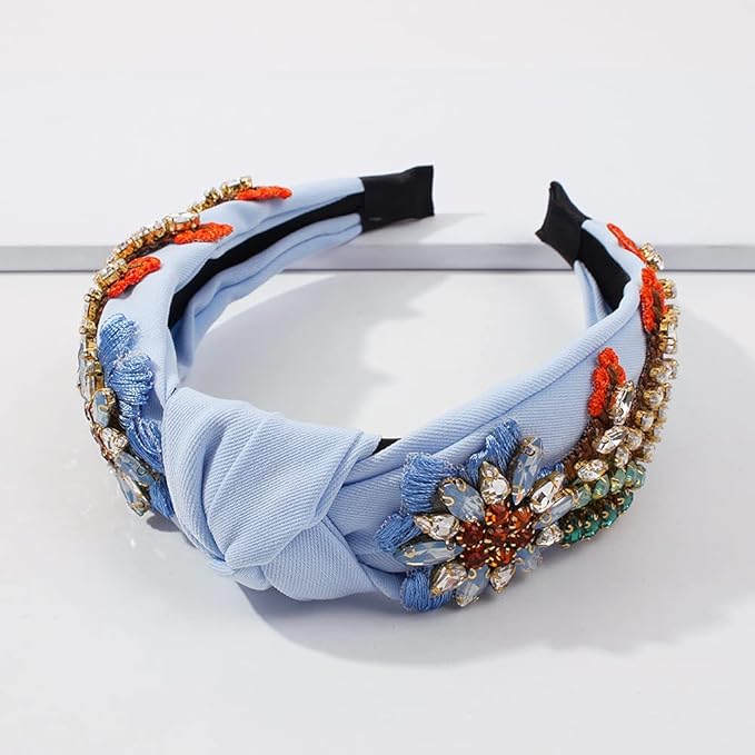 Yusier Baroque Rhinestone Crystal Headbands for Women Embroidered Hair Band Exquisite Hairband - Available in 5 Colors (Blue)
