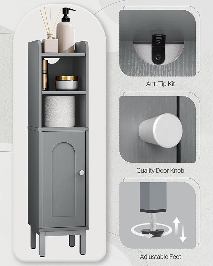 Bathroom Storage Cabinet, Small Corner Floor Cabinet with Door and Shelves, Narrow Toilet Paper Holder, Bathroom Organizer with Adjustable Shelf, for Small Spaces, Gray BC08221GR