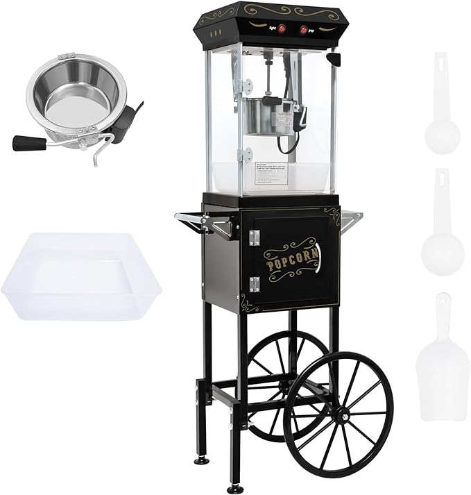 Movie Theater Popcorn Maker Machine, Professional with 8oz Kettle & Cart Makes 32 Cups, Vintage Style on Wheels for Home & Commercial Use, Includes shovel & spoon, Black