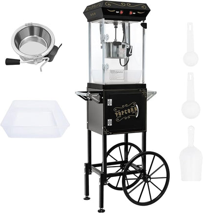 Movie Theater Popcorn Maker Machine, Professional with 8oz Kettle & Cart Makes 32 Cups, Vintage Style on Wheels for Home & Commercial Use, Includes shovel & spoon, Black