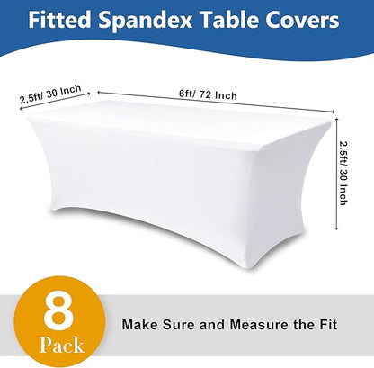 Table Cover for 6 foot Rectangle Tables-8 Pack White Fitted Stretch Tablecloth-Elastic Spandex 6ft Folding Tablecloths for Party, Vendor Booth Display, Banquet Buffet Event, Craft Trade Show