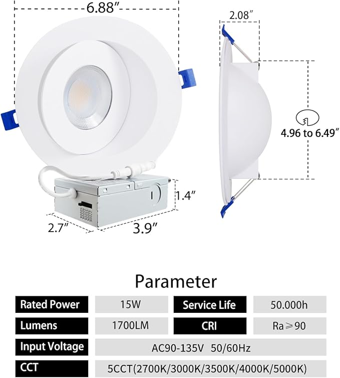 Adetu Led Recessed Lighting 6 inch, 360°+90° Adjustable Directional Gimbal 6 inch Led Recessed Light, 2700K-5000K 5CCT Dimmable Retrofit Eyeball Can Recessed Lights with Jbox, ET (White, 6 Pack)