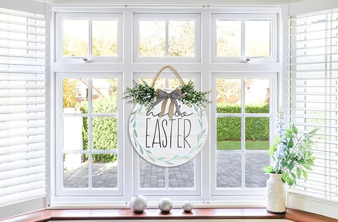 Boylee Easter Wooden Hanging Sign Hello Easter Sign Door Decoration with Bow Rustic Easter Wood Wreath Sign for Easter Spring Holiday Home Coffee Shop Bakery Farmhouse Window