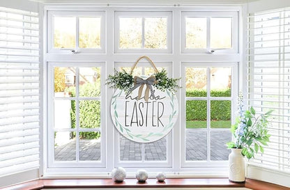 Boylee Easter Wooden Hanging Sign Hello Easter Sign Door Decoration with Bow Rustic Easter Wood Wreath Sign for Easter Spring Holiday Home Coffee Shop Bakery Farmhouse Window