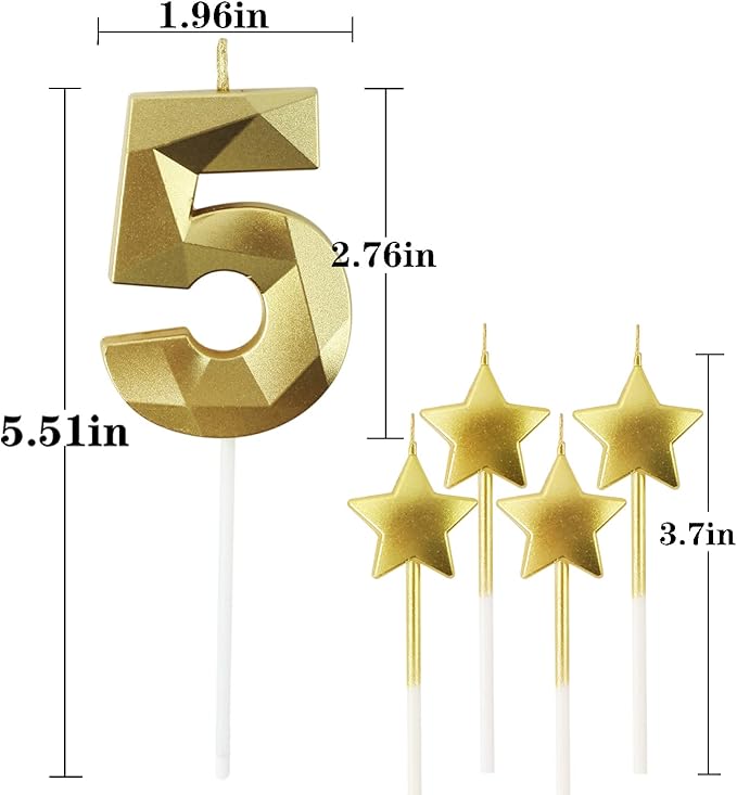 Golden Number 5 & 2.76 inch 3D Diamond Shaped Birthday Candles for Parties & Cake Decorations